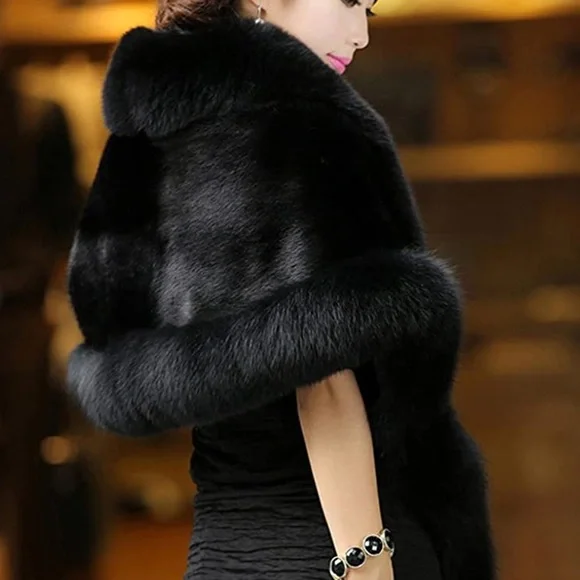 Black Faux Fur Wrap Coat - Picture 3 of 7